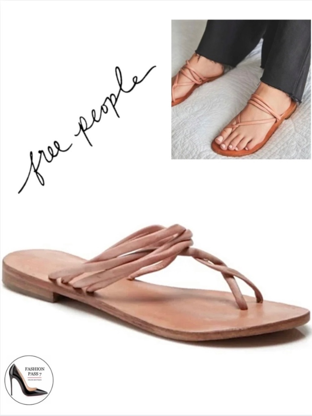FREE PEOPLE Kayla Tan Soft Strappy Sandals Cognac Caramel Leather Slip On Slides
